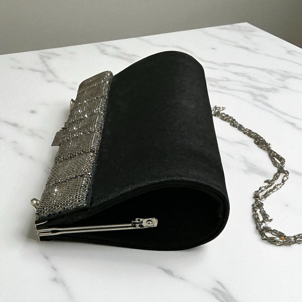 RSVP Y2K Black Satin Evening Bag w/ Silver Square Detail & Chain Strap - Picture 2 of 10